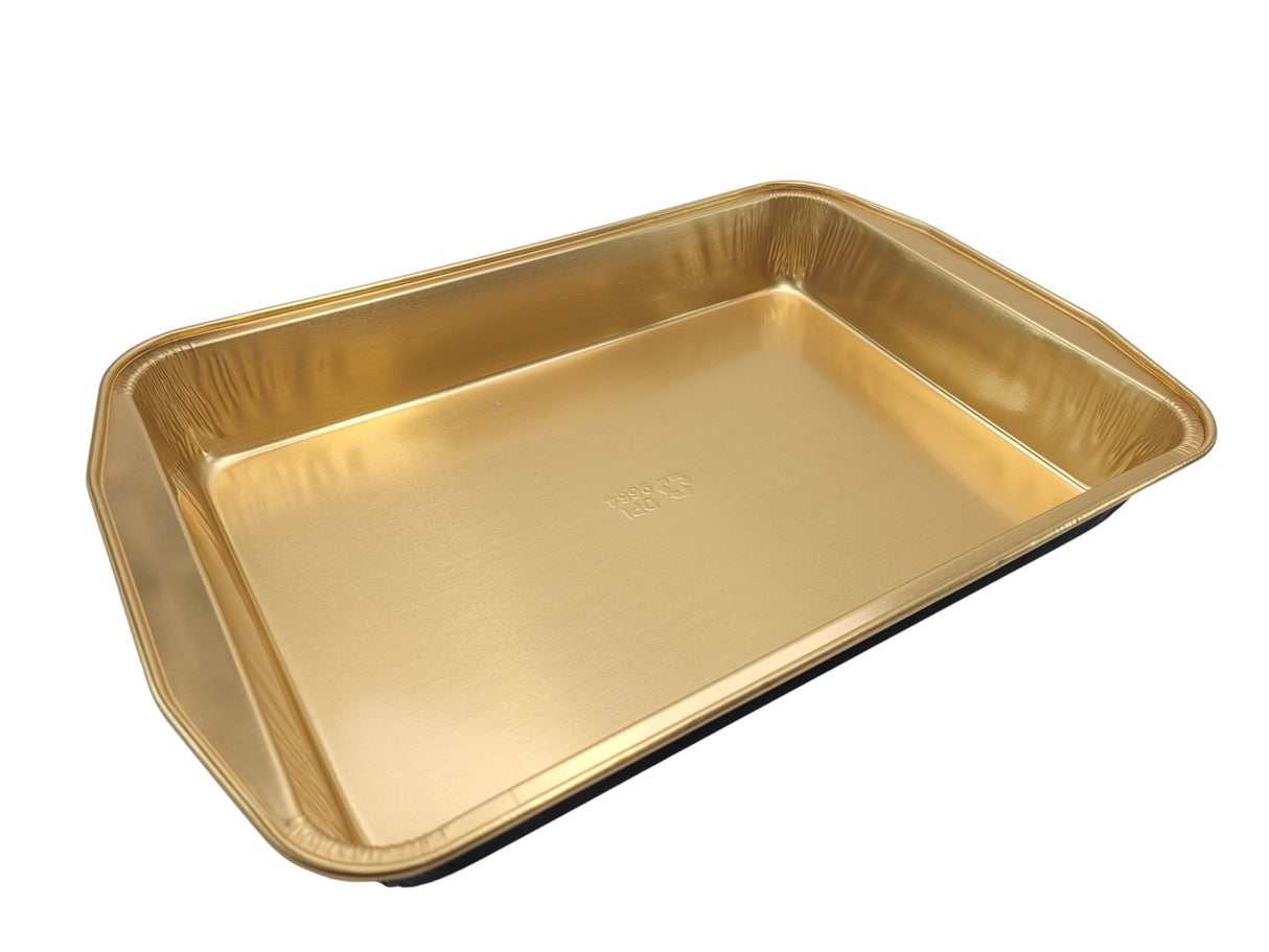 Large 108 oz. Black and Gold Foil Entrée or Casserole Pan with Dome Lid - Case of 25