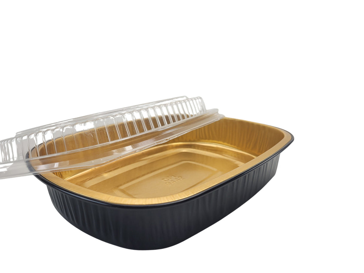 Medium 47 oz. Black and Gold Foil Entrée or Take Out Pan with Dome Lid - Case of 50